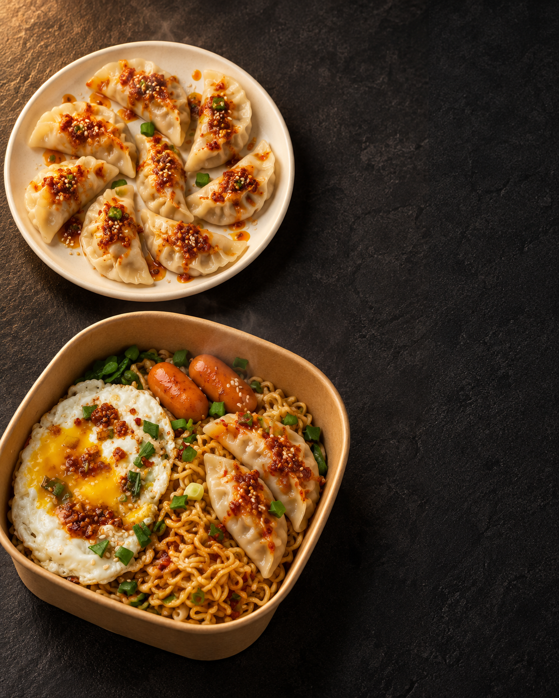 NiZo dumplings and loaded Indomie bowl
